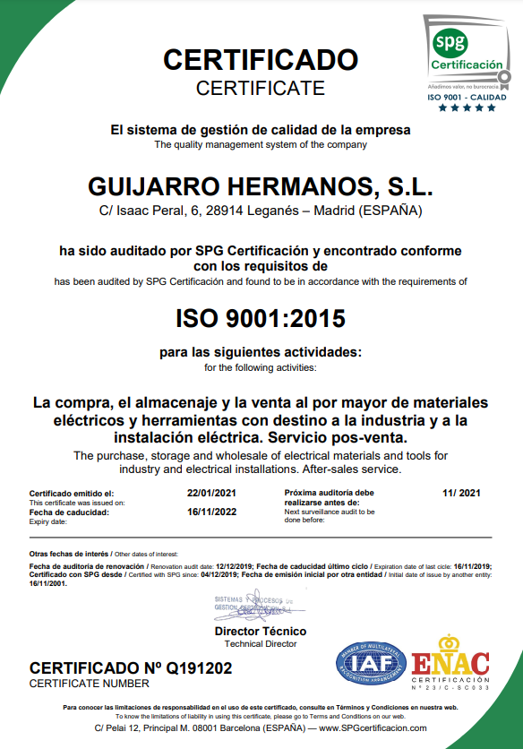 Certificados de Calidad y garantía de Guijarro Hermanos